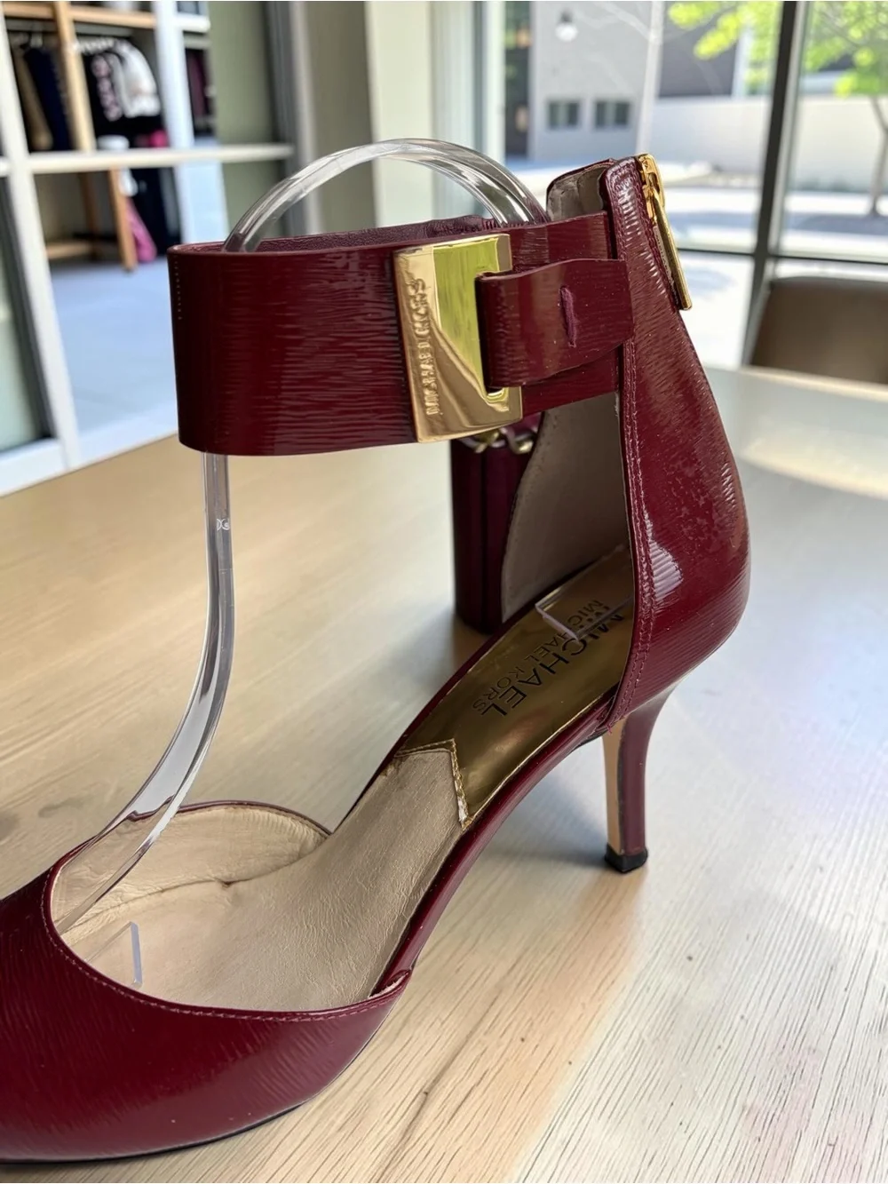 Michael Kors Burgundy Pointed-Toe Ankle-Strap Heels with Gold Accent